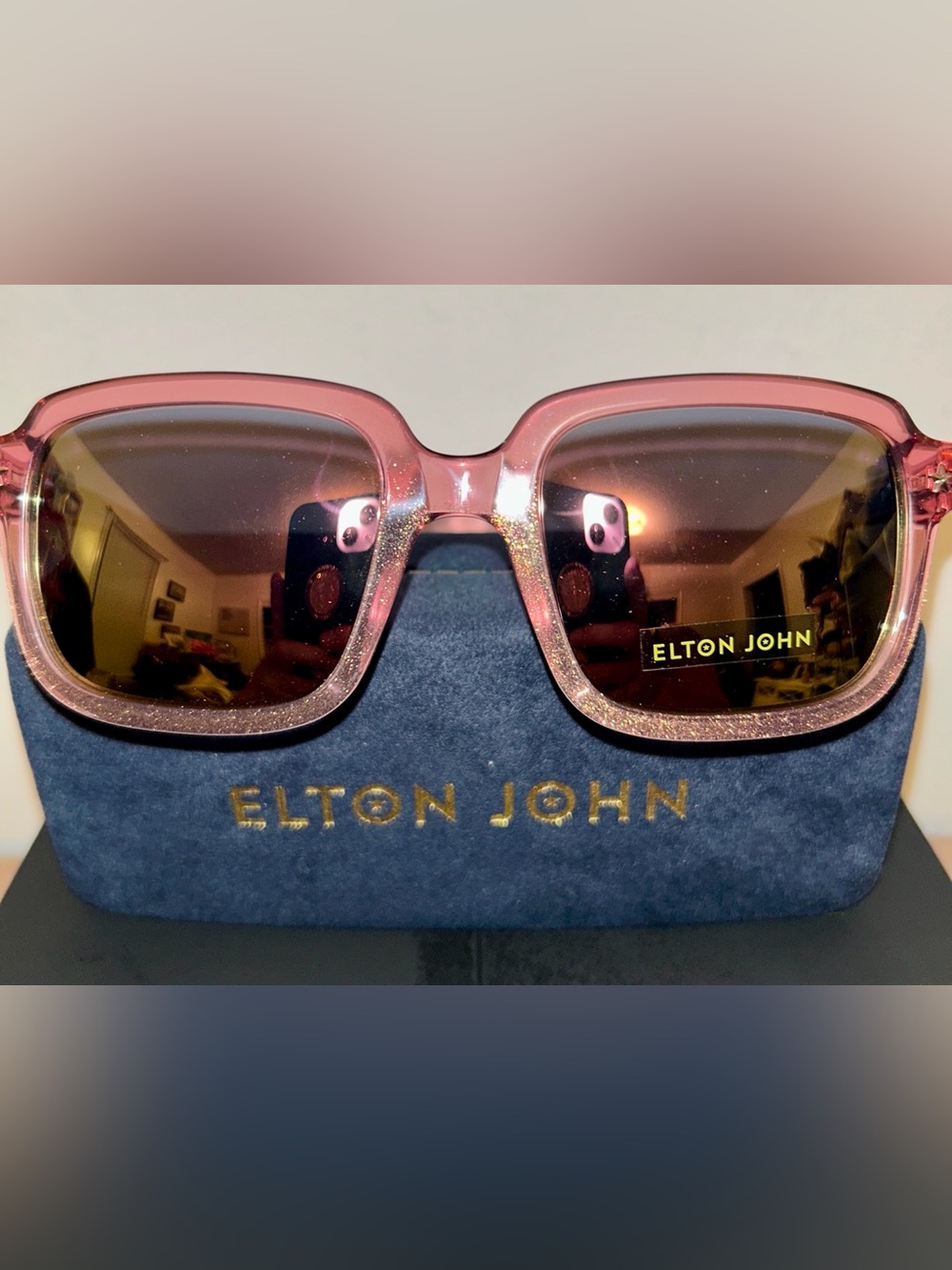 NIB Elton John Master Collection sunglasses. Pink Glitter Frame & Gold Mirroring